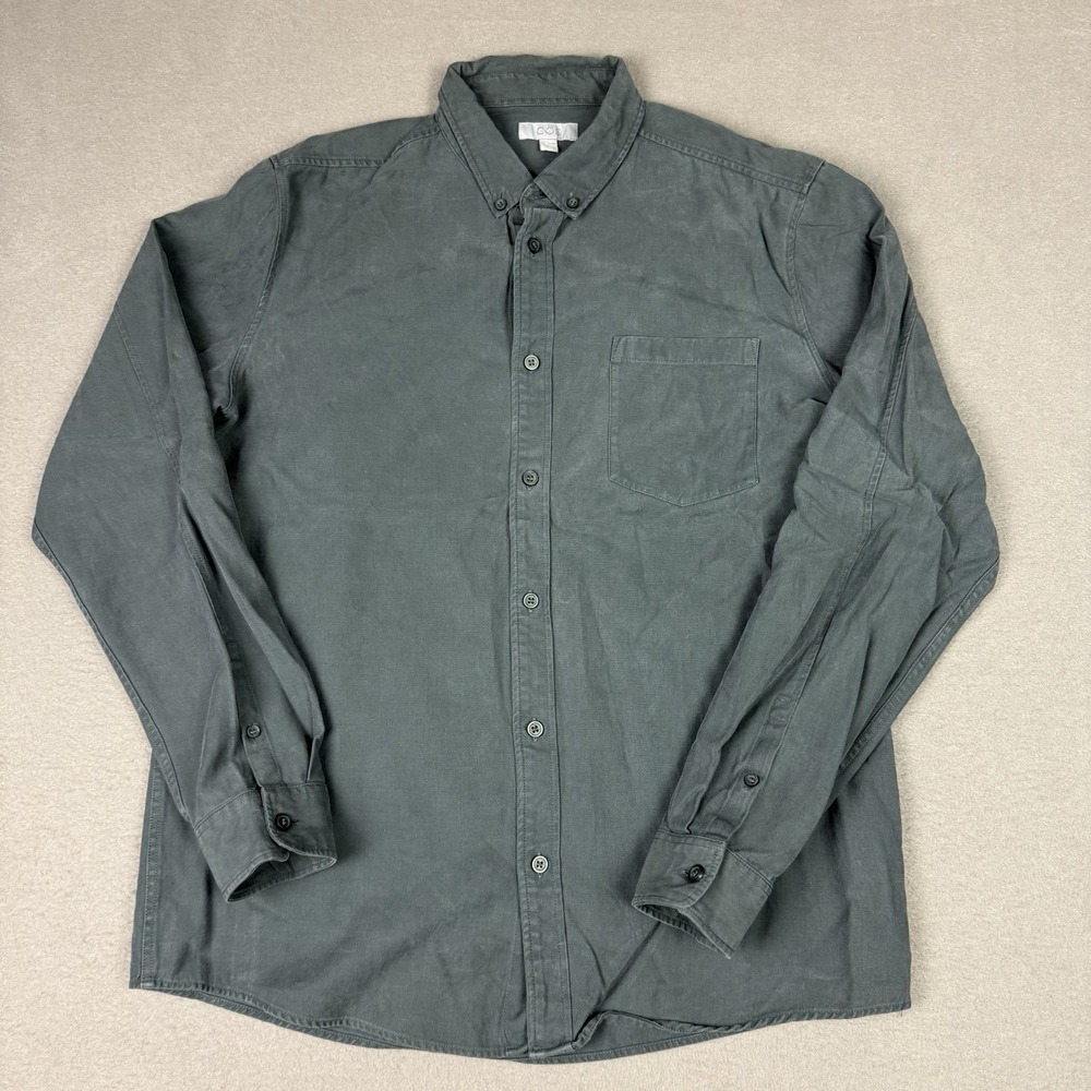 COS Button Down Shirt Mens Medium Long Sleeve Green Cotton Lyocell‎ Twill
